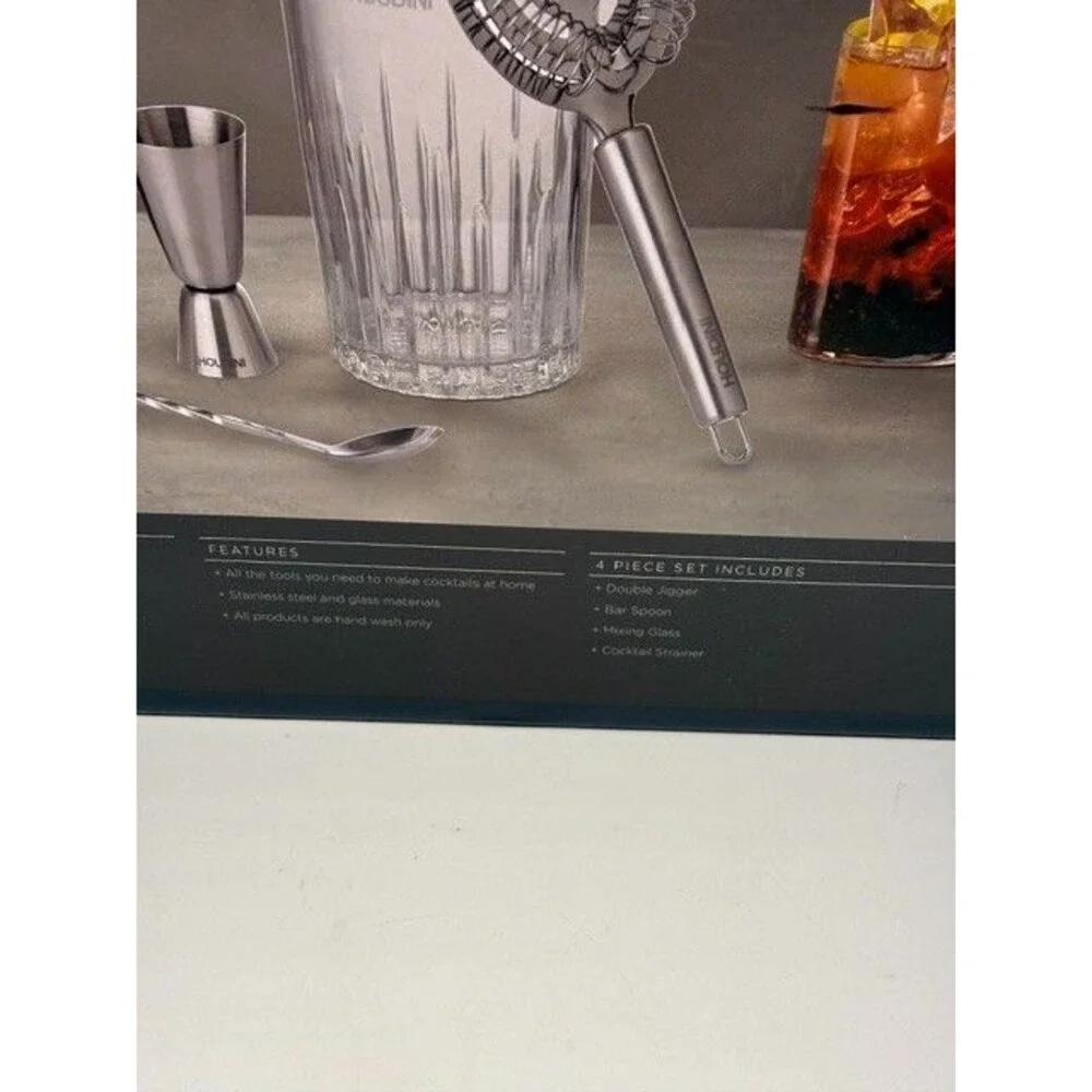 Houdini 4 Piece Cocktail Tool Set Mixing Glass Jigger Strainer Bar Spoon NEW